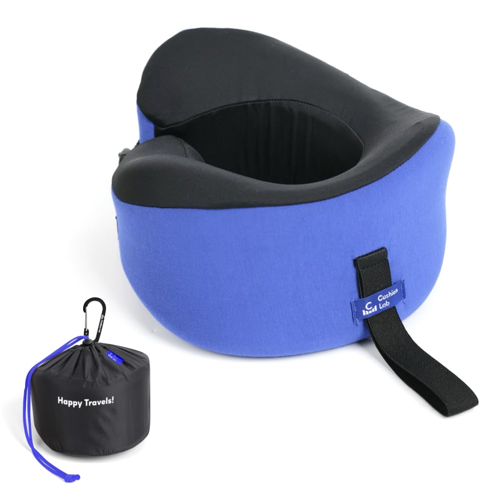 Cushion Lab Extra Support Travel Pillow, Award-Winning Patented Ergonomic Design for Chin & Neck Support Memory Foam Neck Pillow, Compact Airplane Pillow for Traveling, Flight, Car (Black, Large)