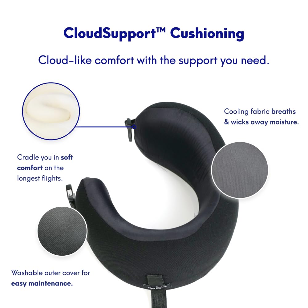 Cushion Lab Extra Support Travel Pillow, Award-Winning Patented Ergonomic Design for Chin & Neck Support Memory Foam Neck Pillow, Compact Airplane Pillow for Traveling, Flight, Car (Black, Large)