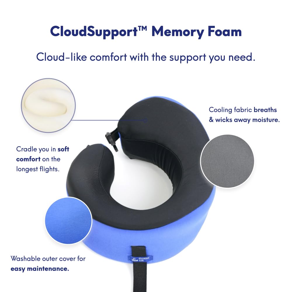 Cushion Lab Extra Support Travel Pillow, Award-Winning Patented Ergonomic Design for Chin & Neck Support Memory Foam Neck Pillow, Compact Airplane Pillow for Traveling, Flight, Car (Black, Large)