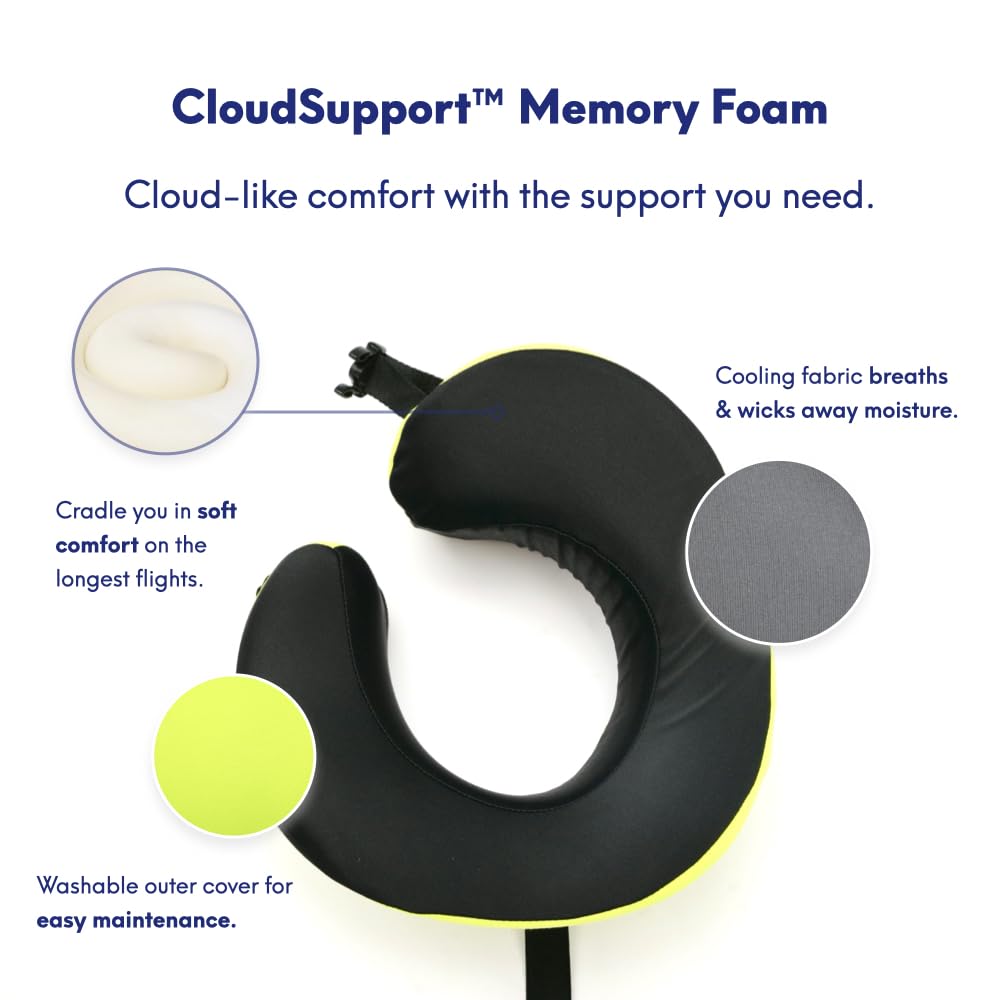Cushion Lab Extra Support Travel Pillow, Award-Winning Patented Ergonomic Design for Chin & Neck Support Memory Foam Neck Pillow, Compact Airplane Pillow for Traveling, Flight, Car (Black, Large)
