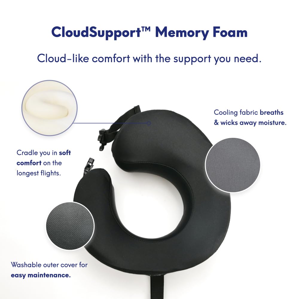 Cushion Lab Extra Support Travel Pillow, Award-Winning Patented Ergonomic Design for Chin & Neck Support Memory Foam Neck Pillow, Compact Airplane Pillow for Traveling, Flight, Car (Black, Large)