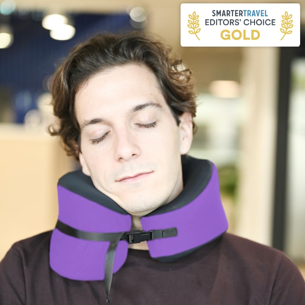 Cushion Lab Extra Support Travel Pillow, Award-Winning Patented Ergonomic Design for Chin & Neck Support Memory Foam Neck Pillow, Compact Airplane Pillow for Traveling, Flight, Car (Black, Large)