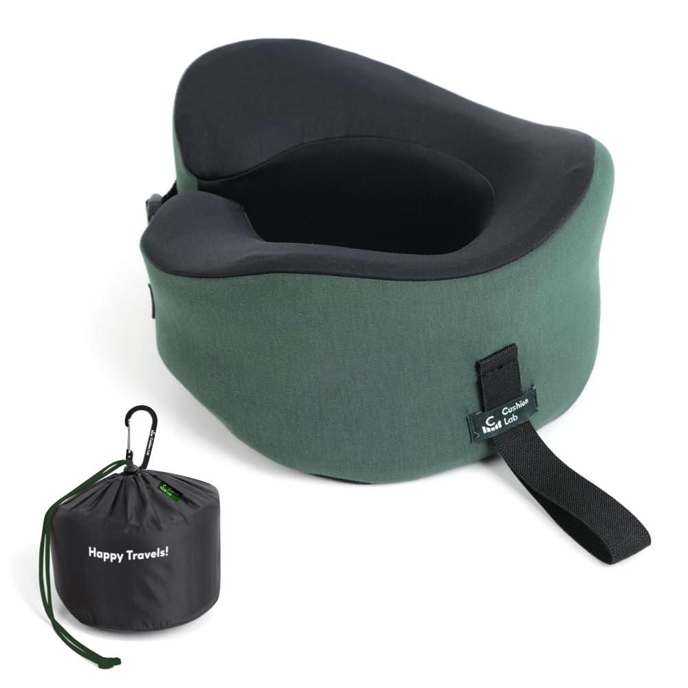 Cushion Lab Extra Support Travel Pillow, Award-Winning Patented Ergonomic Design for Chin & Neck Support Memory Foam Neck Pillow, Compact Airplane Pillow for Traveling, Flight, Car (Black, Large)