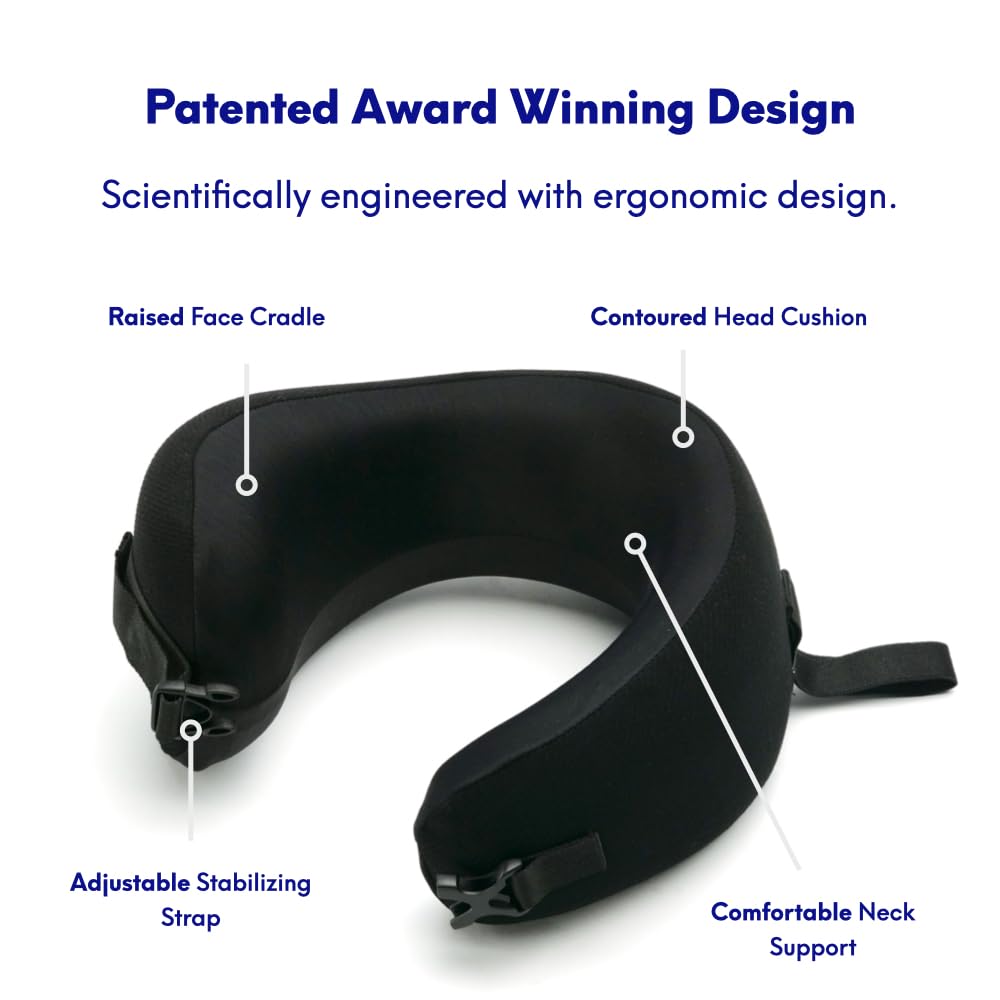 Cushion Lab Extra Support Travel Pillow, Award-Winning Patented Ergonomic Design for Chin & Neck Support Memory Foam Neck Pillow, Compact Airplane Pillow for Traveling, Flight, Car (Black, Large)