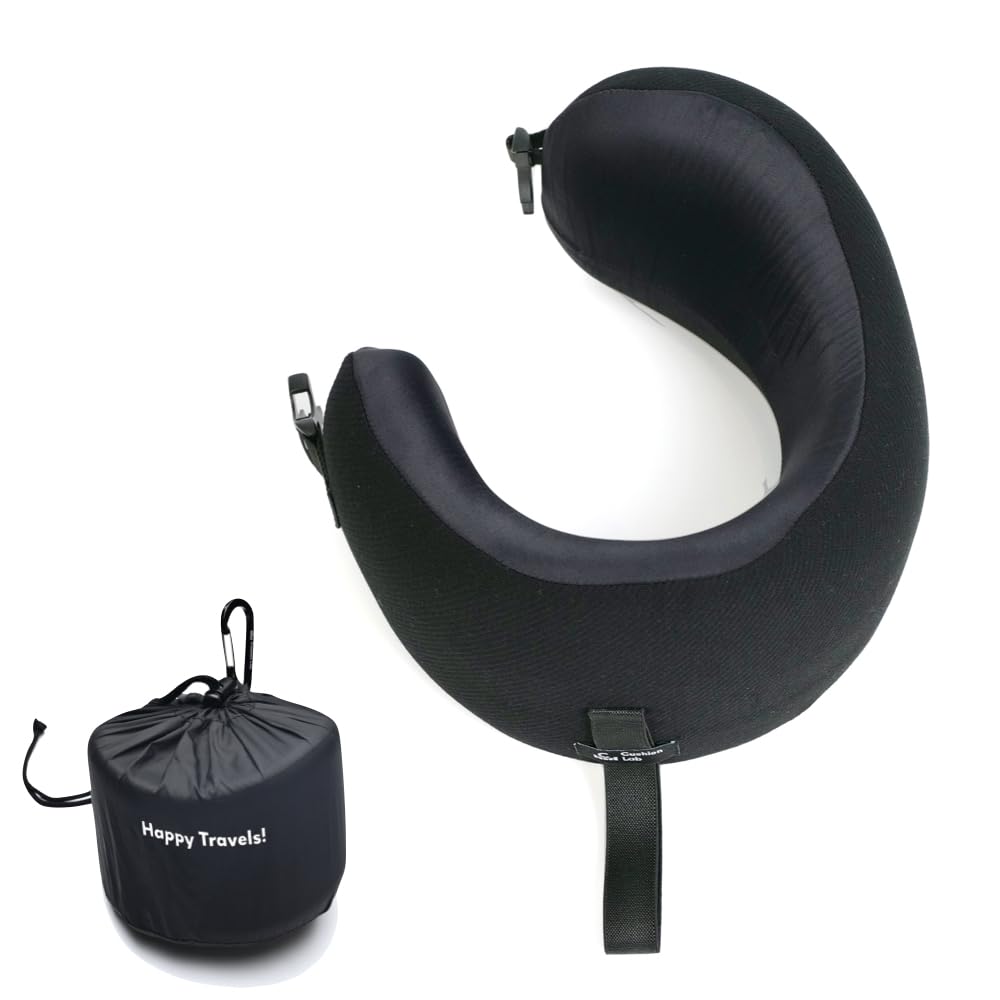 Cushion Lab Extra Support Travel Pillow, Award-Winning Patented Ergonomic Design for Chin & Neck Support Memory Foam Neck Pillow, Compact Airplane Pillow for Traveling, Flight, Car (Black, Large)