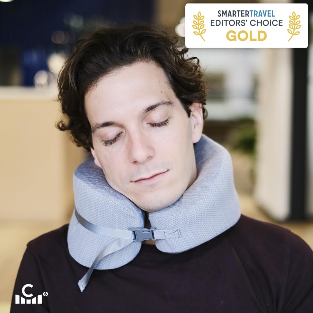 Cushion Lab Extra Support Travel Pillow, Award-Winning Patented Ergonomic Design for Chin & Neck Support Memory Foam Neck Pillow, Compact Airplane Pillow for Traveling, Flight, Car (Black, Large)