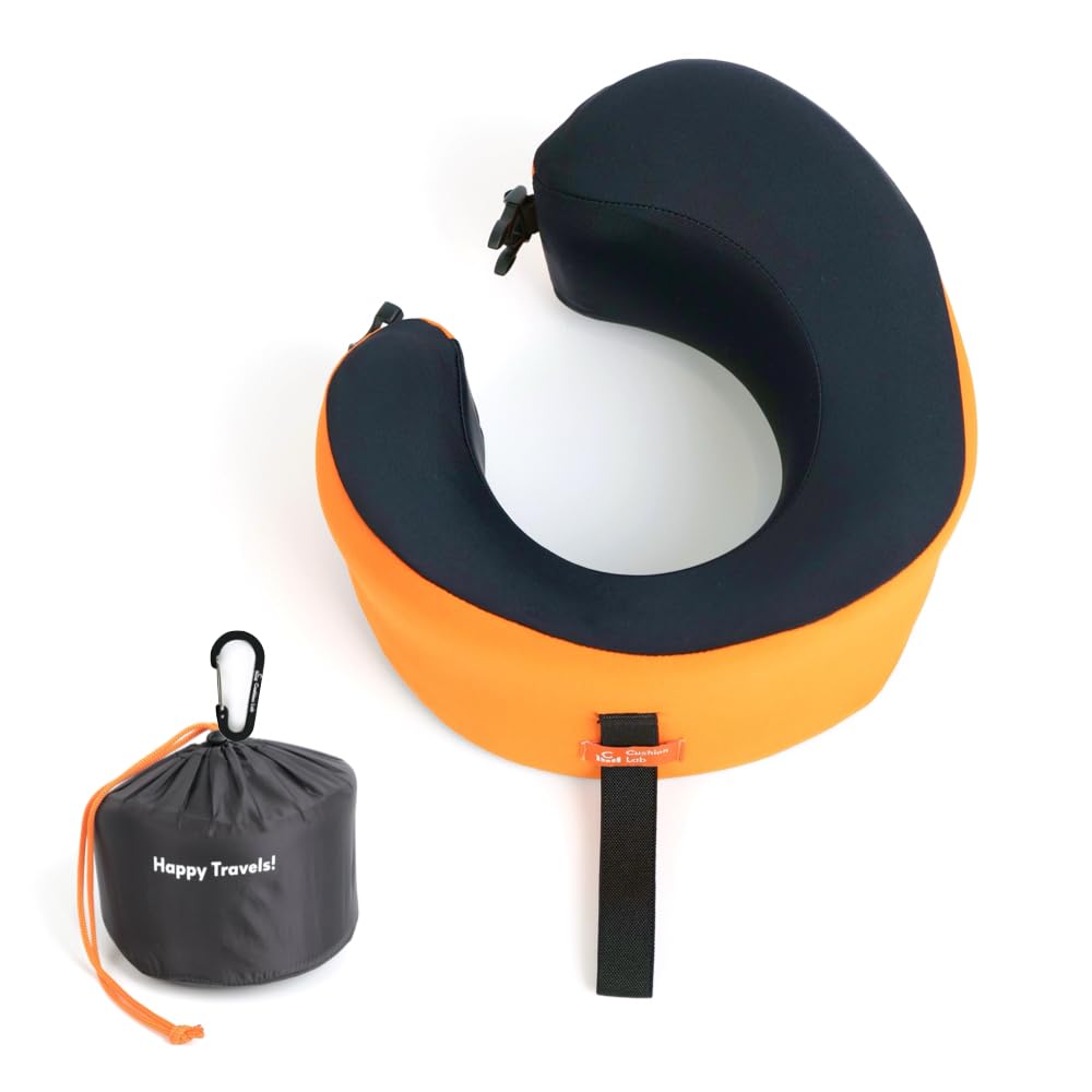 Cushion Lab Extra Support Travel Pillow, Award-Winning Patented Ergonomic Design for Chin & Neck Support Memory Foam Neck Pillow, Compact Airplane Pillow for Traveling, Flight, Car (Black, Large)